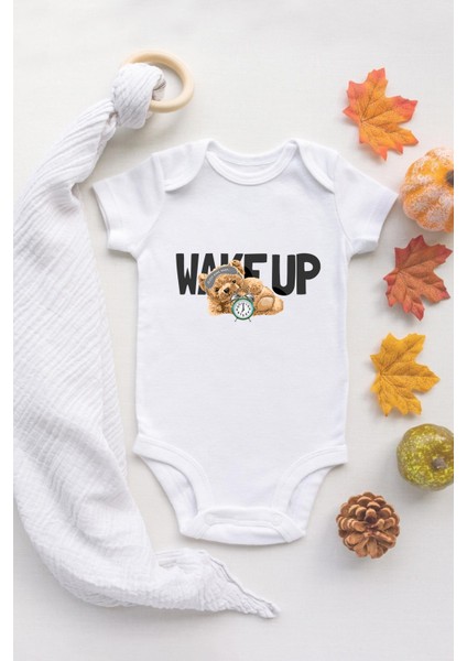 Organik %100 Pamuk Uzun Kollu Beyaz Wake Up Teddy Bear Bebek Body Bebek Badi Çıtçıtlı Zıbın
