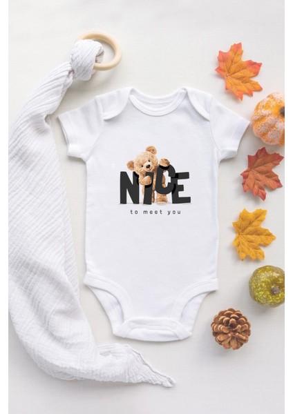 Organik %100 Pamuk Uzun Kollu Beyaz Nice Teddy Bear Bebek Body Bebek Badi Çıtçıtlı Zıbın