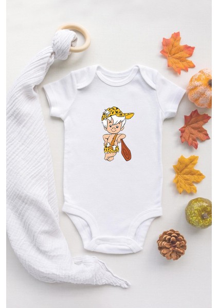 The Flintstones Bam Bam Organik Baskılı Bebek Body %100 Pamuklu Ekru Çıtçıtlı Badi Zıbın
