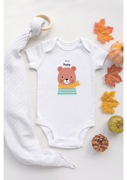 Organik %100 Pamuk Kısa Kollu Beyaz Mutlu Sevimli Ayıcık Bebek Body Bebek Badi Çıtçıtlı Zıbın