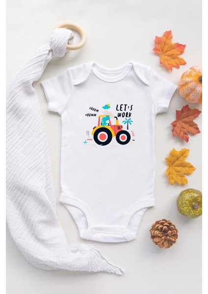 Organik %100 Pamuk Uzun Kollu Beyaz Lets Work Bebek Body Bebek Badi Çıtçıtlı Zıbın