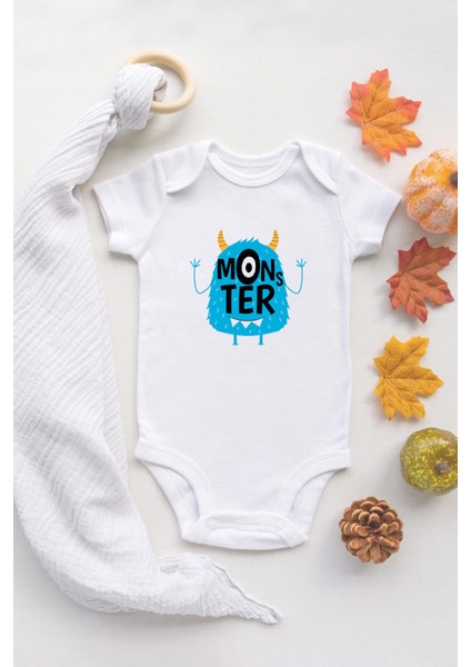 Organik %100 Pamuk Uzun Kollu Beyaz Little Monster Bebek Body Bebek Badi Çıtçıtlı Zıbın