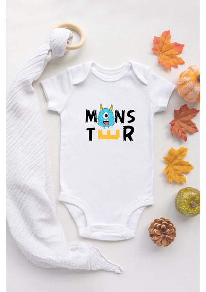 Organik %100 Pamuk Uzun Kollu Beyaz Little Monster 2 Bebek Body Bebek Badi Çıtçıtlı Zıbın