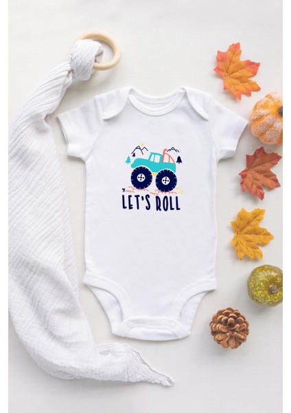 Organik %100 Pamuk Uzun Kollu Beyaz Lets Roll Araba Bebek Body Bebek Badi Çıtçıtlı Zıbın