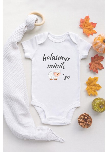 Özel Tasarım Halasının Minik Kuzusu Yazılı Kuzu Baskılı Bebek Body Beyaz Badi Zıbın 5135-H