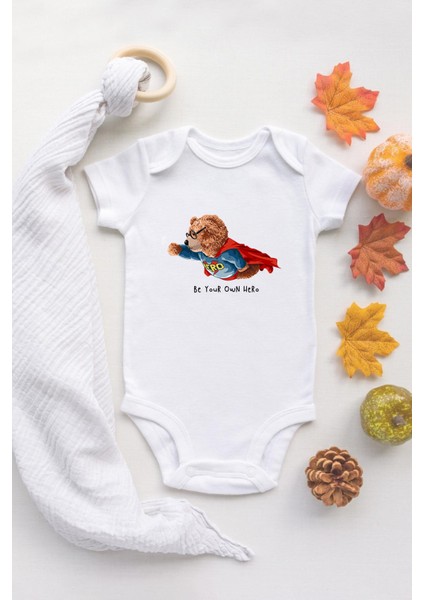 Organik %100 Pamuk Uzun Kollu Beyaz Super Hero Bebek Body Bebek Badi Çıtçıtlı Zıbın