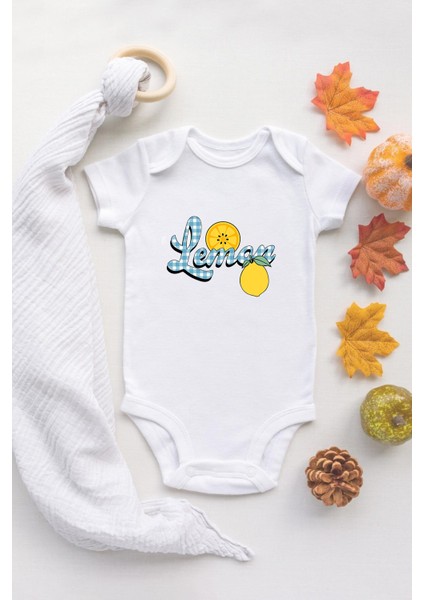 Organik %100 Pamuk Uzun Kollu Beyaz Lemon Limon Bebek Body Bebek Badi Çıtçıtlı Zıbın