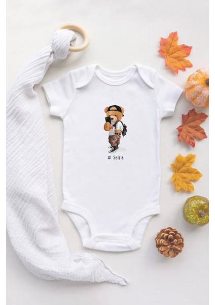 Özel Tasarım Sevimli Ayı Selfie Bebek Body Beyaz Badi Zıbın