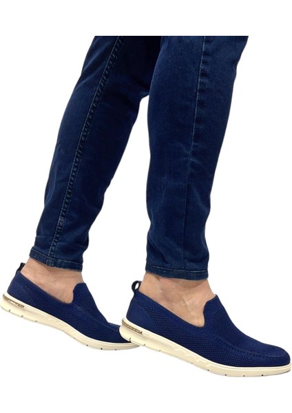 Lacivert Içi Hakiki Deri Triko Stretch Fit Tasarımlı Erkek Günlük Ayakkabı