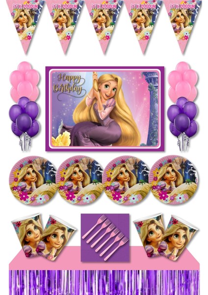 Rapunzel 8 Kişilik Afişli Masa Etekli Doğum Günü Süsleri Parti Seti Ekonomik Seti