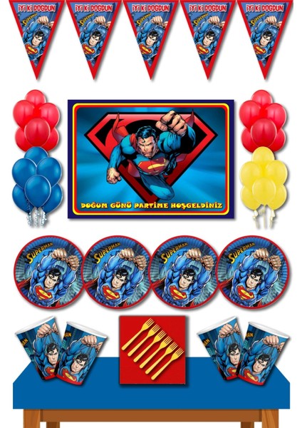 Superman Doğum Günü Süsleri 24 Kişilik Büyük Boy Afişli 50X70 cm superman doğum Günü Konsepti