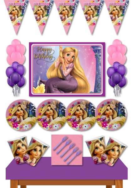 Rapunzel 8 Kişilik Afişli Doğum Günü Süsleri Parti Seti Ekonomik Seti