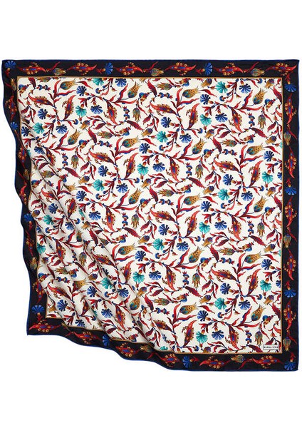 Siyah Saks Türk Motifli Karanfil Lale Desen İpeksi Eşarp