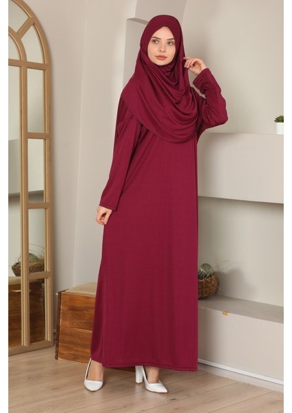 Kolay Giyilebilen Tek Parça Namaz Elbisesi Bordo