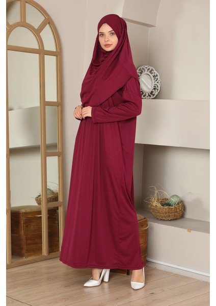 Kolay Giyilebilen Tek Parça Namaz Elbisesi Bordo
