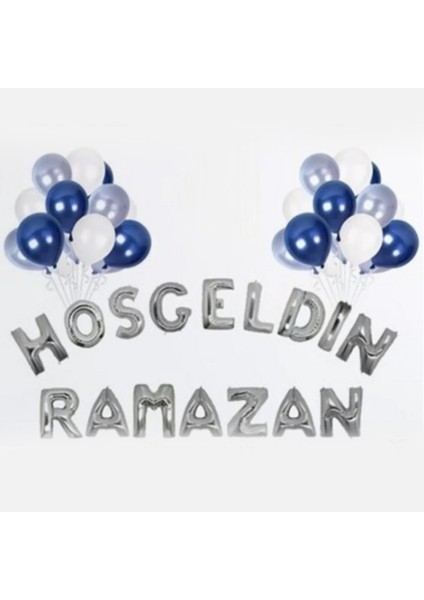 Ramazan Süsleri Hoşgeldin Ramazan Gümüş Folyo Balon ve 30 Adet Metalik Balon