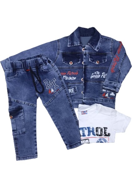 1288.1927 Sahte Ceplı Supre Baskılı Kot 3'lu Takım 6-9 Yas - Kırmızı - 5-6 Yaş