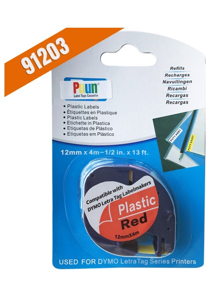 Dymo Letratag Muadil Bant 59424 91203 12MMX4M Plastik Kırmızı Etikete Siyah Yazı Şerit Etiket Kaseti
