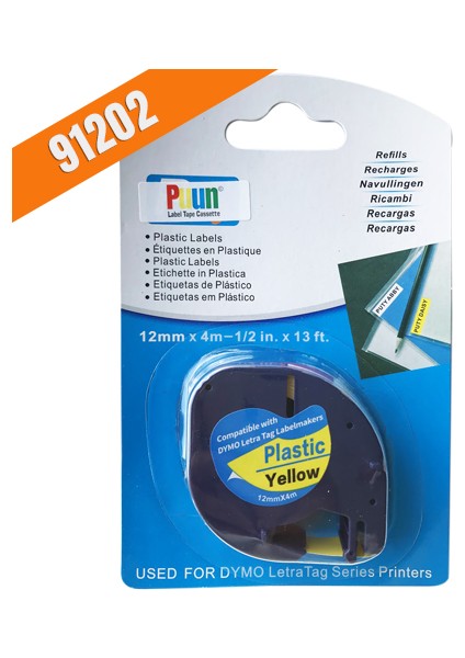 Dymo Letratag Muadil Bant 59423 91202 12MMX4M Plastik Sarı Etikete Siyah Yazı Şerit Etiket Kaseti