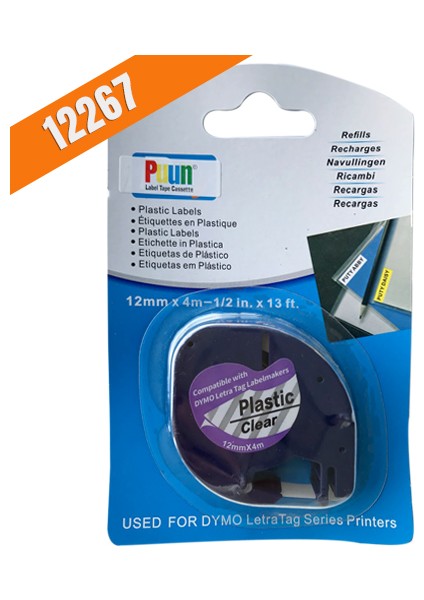 Dymo Letratag Muadil Bant 12267 12MMX4M Plastik Şeffaf Etikete Siyah Yazı Şerit Etiket Kaseti