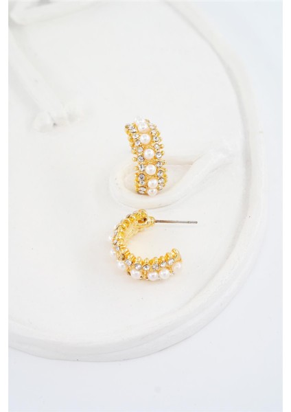 Kadın Zirkon Taşlı ve İncili 2cm Yarım Oval Küpe