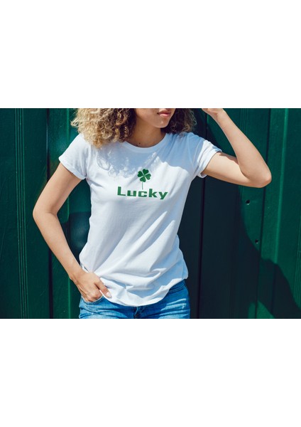 Kadın Beyaz Lucky Clover / Şanslı Yonca Symbol Basic T-Shirt