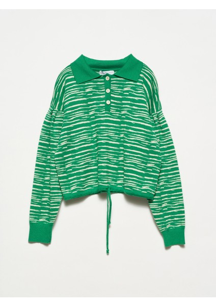 10318 Polo Yaka Düğmeli Kazak-Yeşil-N.