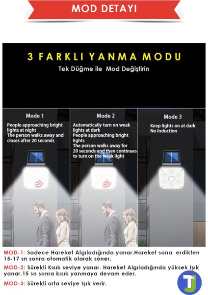 54 Cob Ledli Solar Bahçe Aydınlatma Hareket Sensörlü Güneş Enerjili Lamba