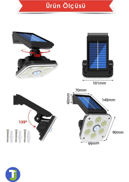 54 Cob Ledli Solar Bahçe Aydınlatma Hareket Sensörlü Güneş Enerjili Lamba