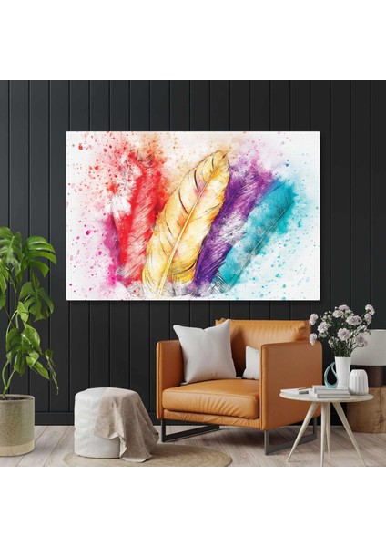 Sulu Boya Efektli Kuş Tüyleri Hayvan Dekor Kanvas Tablo