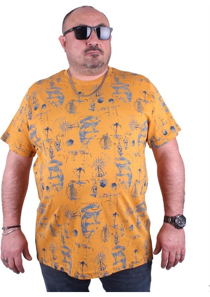 Mocgrande Büyük Beden Sıfır Yaka Tişört Compass Holiday 23151 Hardal