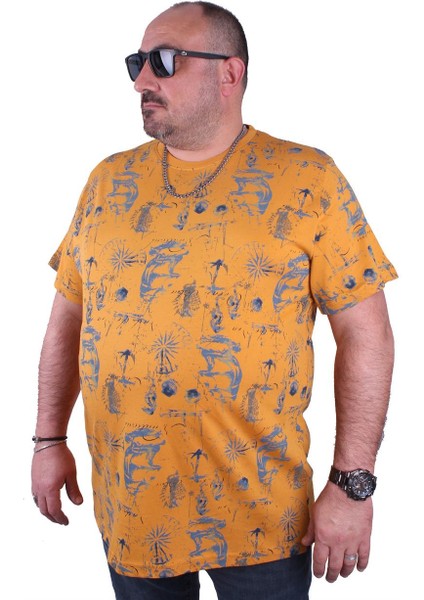 Mocgrande Büyük Beden Sıfır Yaka Tişört Compass Holiday 23151 Hardal fiyatları