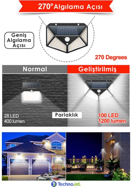 1 Adet 100 Ledli Solar Sarı Işık Güneş Enerjili Bahçe Lambası Hareket Sensörlü