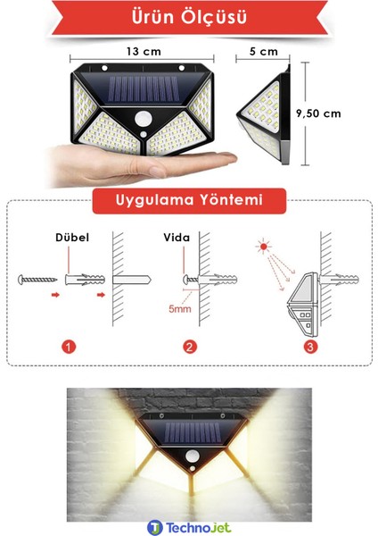 1 Adet 100 Ledli Solar Sarı Işık Güneş Enerjili Bahçe Lambası Hareket Sensörlü