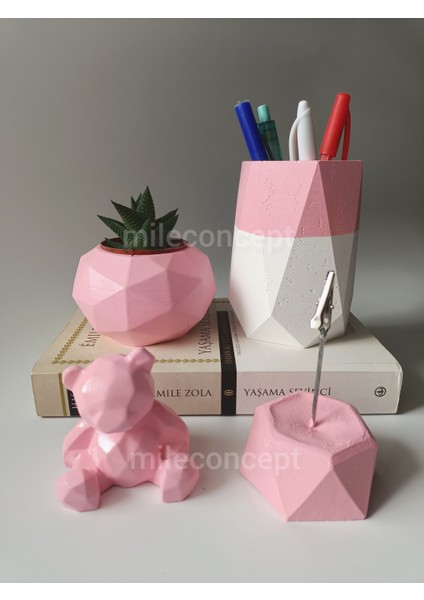 Masaüstü Dekoratif Beton Kalemlik, Saksı, Sukulent/kaktüs, Notluk ve Ayıcık Seti