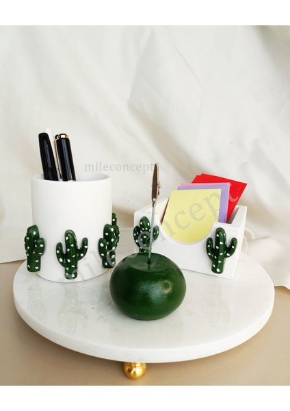Masaüstü 3D Kaktüs Desenli Beton Ofis Seti; Kalemlik, Bloknotluk ve Notluk