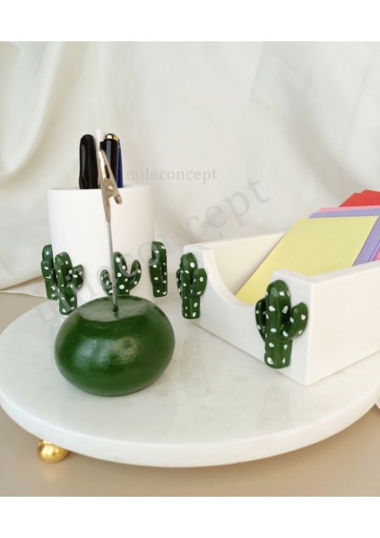 Masaüstü 3D Kaktüs Desenli Beton Ofis Seti; Kalemlik, Bloknotluk ve Notluk fiyatları