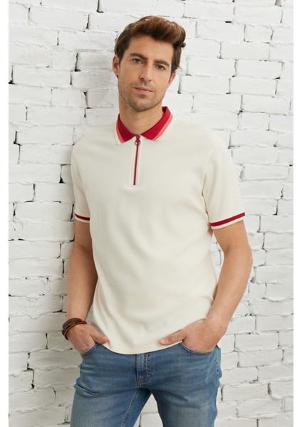 Erkek Ekru Bordo Regular Fit Rahat Kesim Polo Yaka %100 Pamuk Tişört