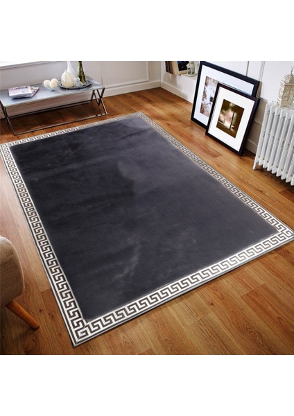 Gri Gümüş Bordürlü Peluş Halı 80 x 150 cm