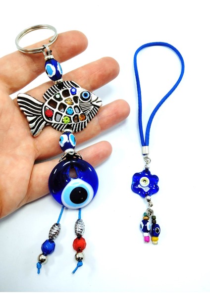 Nazar Boncuk Anahtarlık + Çiçek Nazar Boncuk Araba Dikiz Ayna Süsü El Yapımı Cam Hediyelik Set modelleri