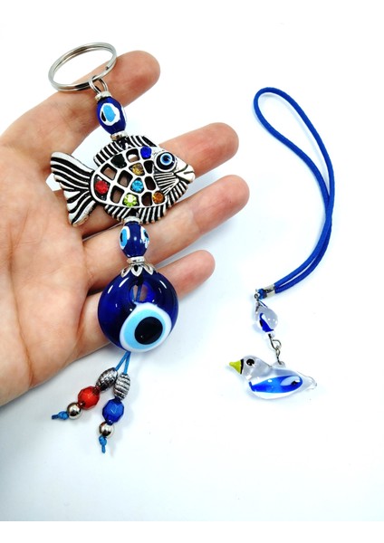 El Yapımı Nazar Boncuğu Balıklı Anahtarlık + Kuş Araba Dikiz Ayna Süsü Cam Dekoratif Hediyelik Set fiyatları
