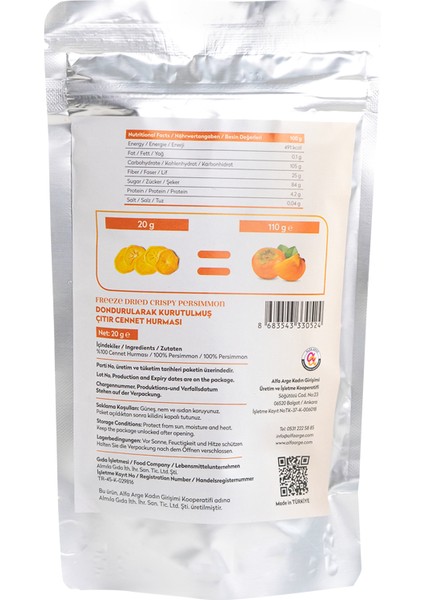 Freeze Dried Cennet Hurması Dondurularak Kurutulmuş 20 gr