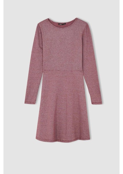 Regular Fit Bisiklet Yaka Kareli Mini Uzun Kollu Elbise N0323AZ20SP