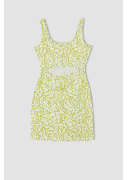 Coool A Kese Ebruli Desenli Göbek Dekolteli Askılı Mini Elbise X8777AZ22SM