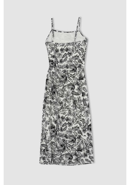 Slim Fit Tropikal Desenli Keten Karışımlı Midi Askılı Elbise X6662AZ22SM