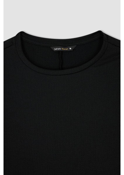 Bisiklet Yaka Basic Yarım Balon Kollu Gofre Dokulu Elbise Y7042AZ22HS