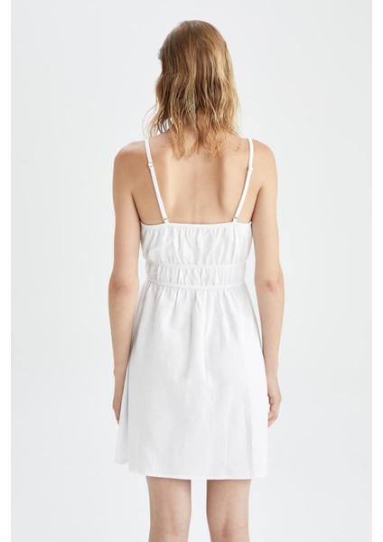 A Kesim Askılı Keten Karışımlı Beyaz Mini Elbise Y7717AZ22HS