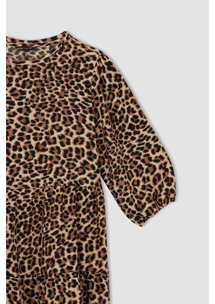 Bisiklet Yaka Leopar Desenli Gofre Dokulu Mini Balon Kollu Elbise Y7044AZ22HS