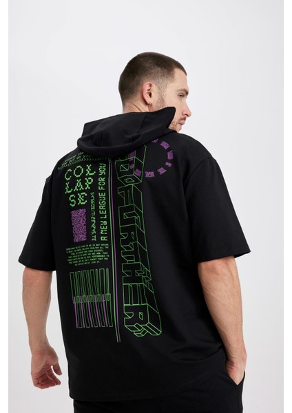 Fit Oversize Fit Kapüşonlu Baskılı Kısa Kollu Pamuklu Tişört Z5632AZ23SP
