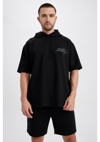Fit Oversize Fit Kapüşonlu Baskılı Kısa Kollu Pamuklu Tişört Z5632AZ23SP
